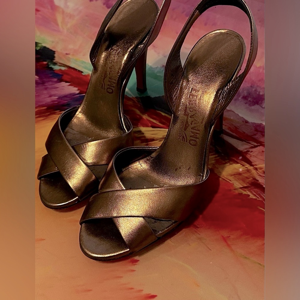 FERRAGAMO Metallic Leather Slingback Heels
